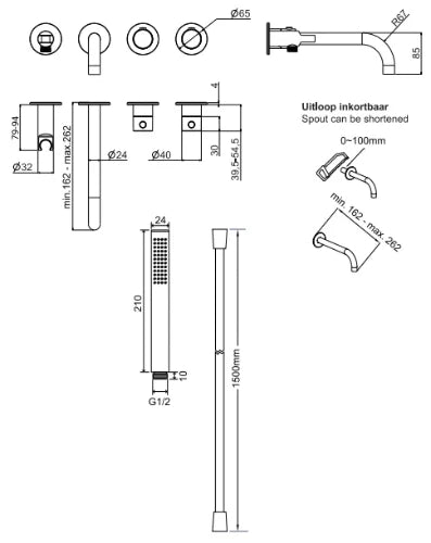 Procasa Vivo kit de finition pour thermostat de bain avec onduleur - bec de remplissage & douchette à main inclu - Gun Metal PVD - acier mat PVD