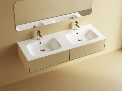 Procasa Klaire tablette en marbre artificiel avec 2 vasques 1400 x 460 mm - blanc mat - robinetterie pré-percé