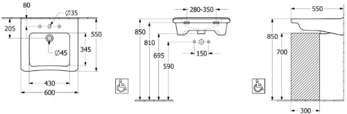 Villeroy & Boch ViCare lavabo pour personnes handicapées 600 x 550 x 180 mm - blanc - avec tour robinetterie - avec trop-plein