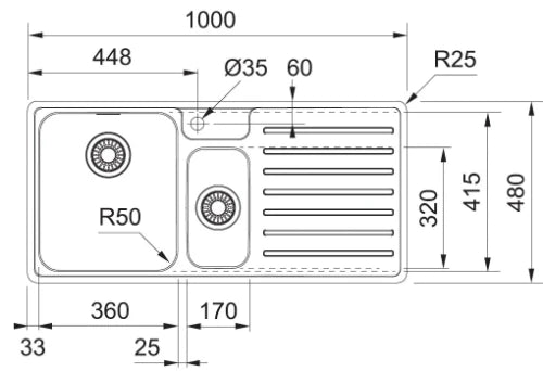 Franke Bell évier 1000 x 480 mm - 1 + 1/2 cuve - acier inoxydable - avec égouttoir droit