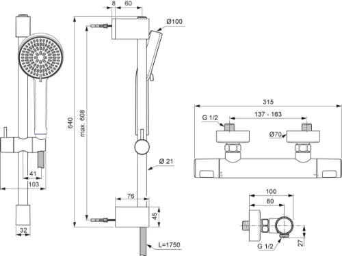 Ideal Standard CeraTherm T25 New Pack mitigeur thermostatique de douche - Chromé - set de douche 600 mm - Chromé - douchette 2jet 100 mm Chromé/blanc 8 l/min - IdealFlex 1/2 x 1750 mm