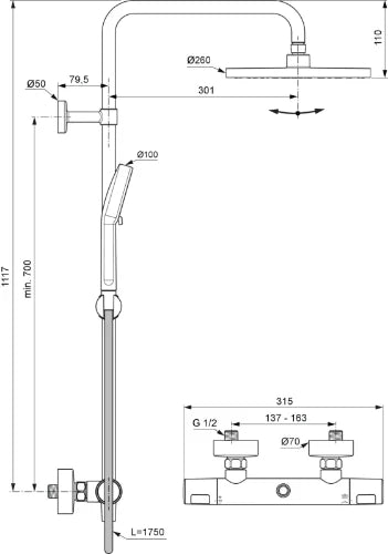 Ideal Standard CeraTherm T25 New EcoFlow système de douche - Chromé - douchette 2jet 100 mm 6 l/min - douchette de tête 260 mm 8 l/min - IdealFlex 1/2 x 1750 mm