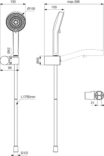 Ideal Standard IdealRain set de douchette - douchette 2jet 100 mm Chromé/blanc - support mural - Idealflex 1/2 x 1250 mm - 8 l/min
