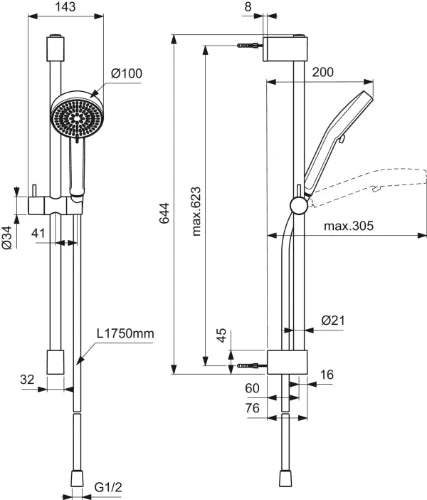 Ideal Standard IdealRain set de douche 600 mm - Chromé - douchette 2jet 100 mm Chromé/blanc - IdealFlex 1/2 x 1750 mm - 8 l/min