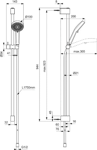 Ideal Standard IdealRain set de douche 900 mm - Chromé - douchette 2jet 100 mm Chromé/blanc - IdealFlex 1/2 x 1750 mm - 8 l/min