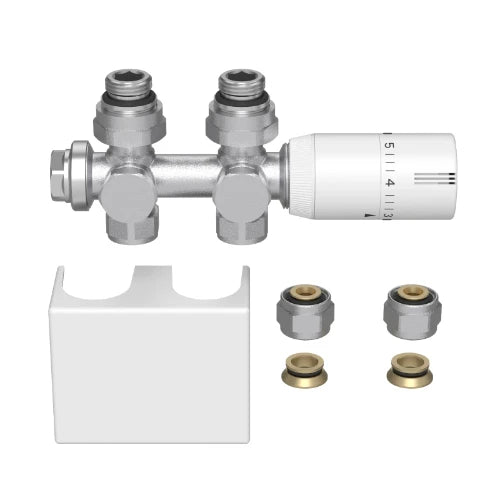 ProOne Radair set radiateur de raccordement avec bloc H thermostatisable droit + 2 raccords de transition avec O-ring + tête thermostatique + bouchon blanc mat