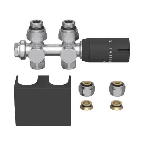 ProOne Radair set radiateur de raccordement avec bloc H thermostatisable droit + 2 raccords de transition avec O-ring + tête thermostatique + bouchon noir mat