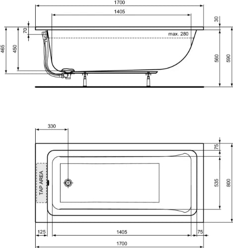 Ideal Standard La Dolce Vita baignoire acryl 1700 x 800 mm - blanc