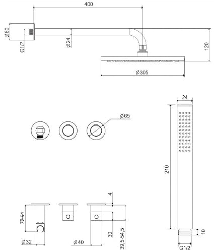 Procasa Vivo kit de finition pour thermostat de douche avec onduler & douchette & tête de douche 300 mm mural - Brushed Nickel PVD - brossé mat PVD