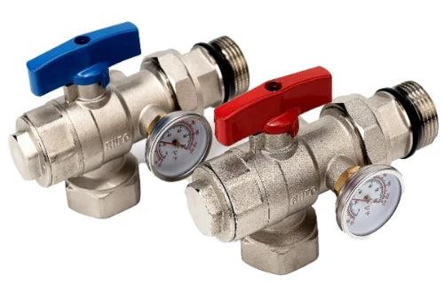 Riifo UFH vanne à bille + thermomètre pour collecteur chauffage par le sol (set 2pcs) 4/4 x 4/4 - rouge/blue - raccord réversible équerré+droit  - prix par set