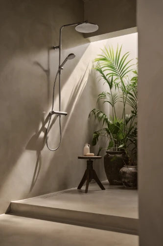 Hansa HansaAureliaa thermostat de douche avec douchette 110 mm 3-jets avec douche à effet pluie 300 mm - avec barre et flexible 1750 mm - acier brossé