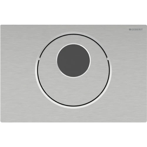 Commande de WC Geberit à déclenchement électronique du rinçage - alimentation par pile - rinçage à 2 volumes - plaque de déclenchement Sigma10 - automatique/sans contact/manuelle - brossé - revêtement facile à nettoyer - poli