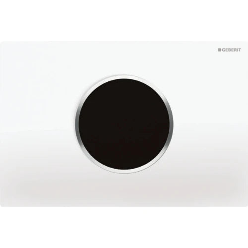 Commande de WC Geberit à déclenchement électronique du rinçage - alimentation sur secteur - rinçage à 2 volumes - plaque de déclenchement Sigma10 - automatique/sans contact - blanc - chromé brillant