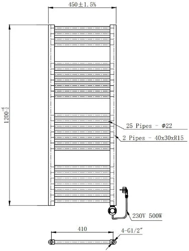 Procasa Calore Rondo radiateur sèche-serviettes électrique à tubes ronds 1200 x 450 mm - 500W - thermostat inclus - noir mat