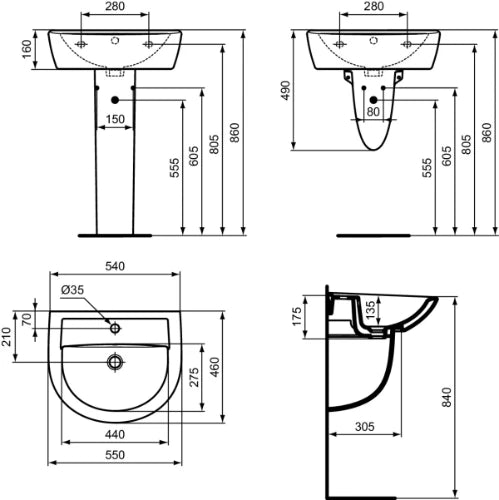 Ideal Standard Alpha lavabo 550 x 460 mm - blanc - avec trou de robinetterie - avec trop-plein