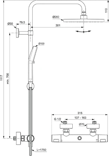 Ideal Standard CeraTherm T25 New système de douche - douchette - pomme de tête rond 260 mm - chrome