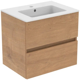 Ideal Standard Eurovit sous-meuble avec 2 tirroirs et plan vasque 610 x 450 x 565 mm - avec trou robinetterie - avec trop-plein - Natural Oak