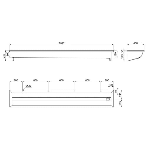 Delabie CANAL lavabo L.2400 4 trous de robinet Ø22 évacuation à droite inox 304 mat