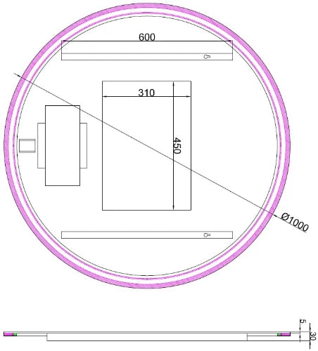 Procasa Universal panneau miroir rond 1000 x 1000 mm - avec éclairage led - anti-buée - capteur - dimmable