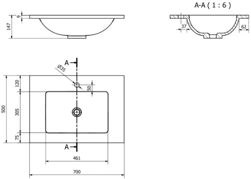 Procasa Solid 2.0 table-vasque en surface solid avec 1 vasque centrale 700 x 500 x 9 mm - avec 1 trou de robinet