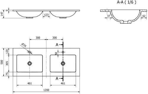 Procasa Solid 2.0 table-vasque en surface solid avec 2 vasques centrale 1200 x 500 x 9 mm - avec 2 trous de robinet