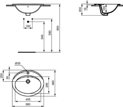 Ideal Standard Saval 2.0 vasque incastrable 560 x 460 mm - avec trou de robinet - avec trop-plein - blanc